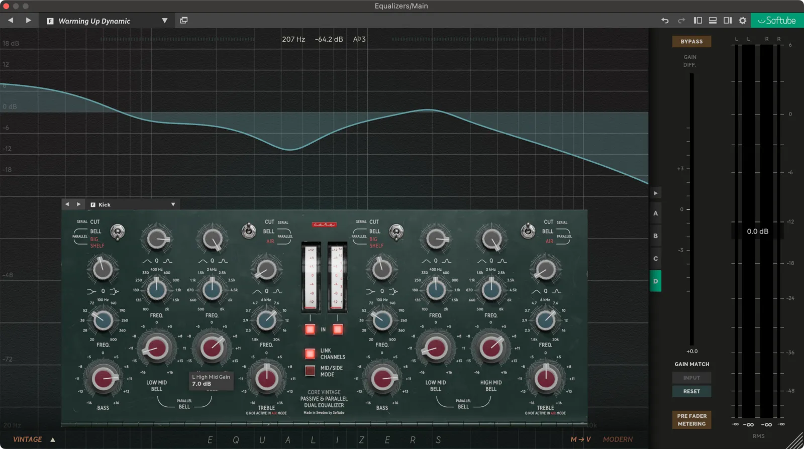 Core Vintage Dual EqualizerのKickプリセット。帯域によって大きく上がる部分と下がる部分がある画面