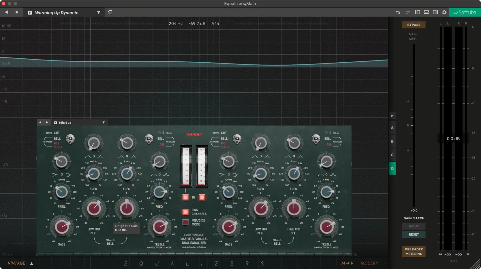 Core Vintage Dual EqualizerのMix Busプリセット。Kickよりカーブの変化が小さい画面