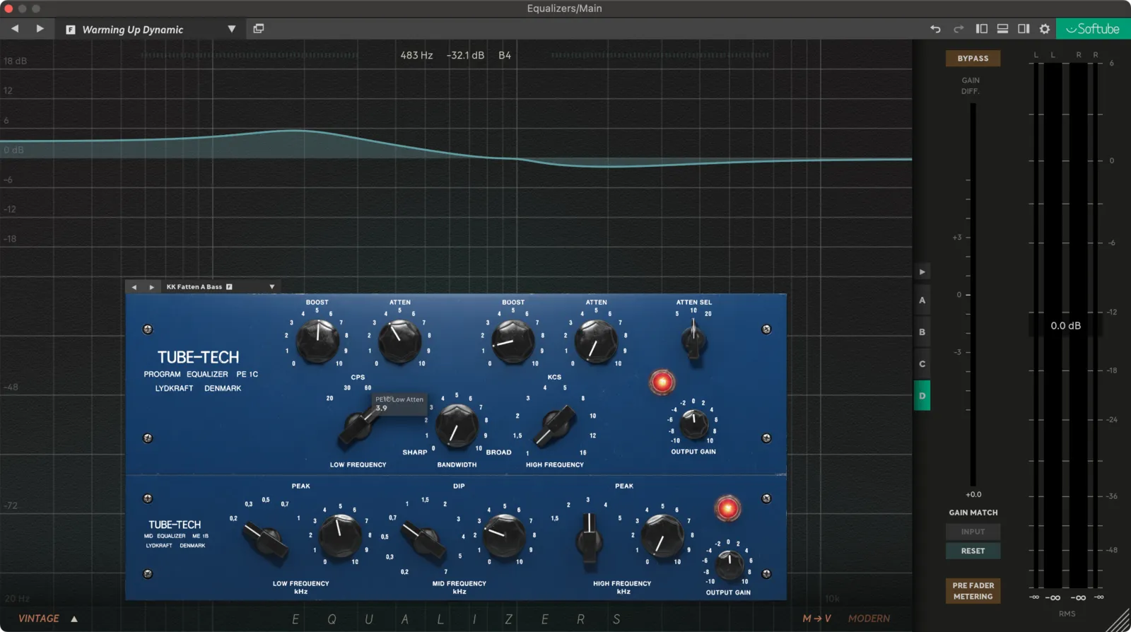 Tube-TechのKK Fatten A Bassプリセット。低域の山と、その少し上の谷を表示した画面